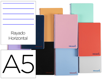 CUADERNO ESPIRAL LIDERPAPEL A5 WONDER TAPA PLASTICO 80H 90G RAYADO HORIZONTAL CON MARGEN COLORES SURTIDOS