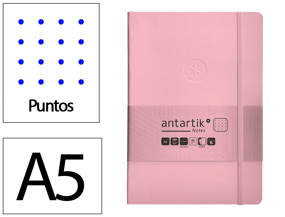 CUADERNO CON GOMILLA ANTARTIK NOTES TAPA BLANDA A5 HOJAS PUNTOS ROSA PASTEL 80 HOJAS 80 GR FSC