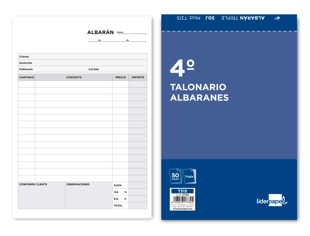 TALONARIO LIDERPAPEL ALBARAN CUARTO ORIGINAL Y DOS COPIAS T315