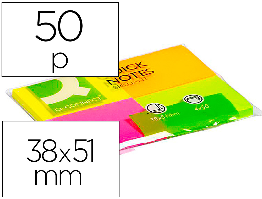 BLOC DE NOTAS ADHESIVAS QUITA Y PON Q-CONNECT 38X51 MM CON 50 HOJAS FLUORESCENTES PACK DE 4 UNIDADES