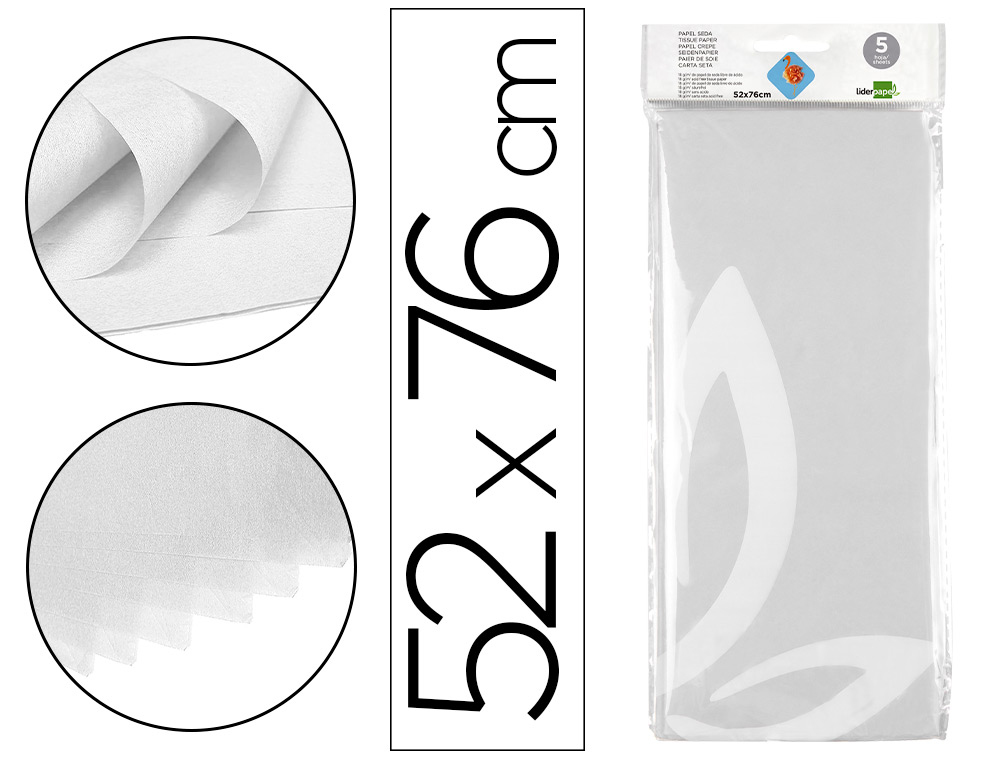 PAPEL SEDA LIDERPAPEL 52X76CM 18G/M2 BOLSA DE 5 HOJAS BLANCO