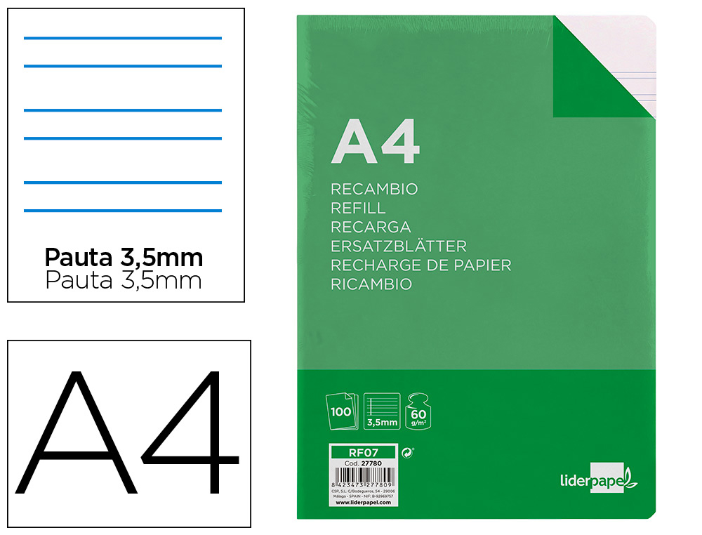 RECAMBIO LIDERPAPEL A4 100 HOJAS 60G/M2 PAUTA 4ª 3.5MM CON MARGEN 4 TALADROS