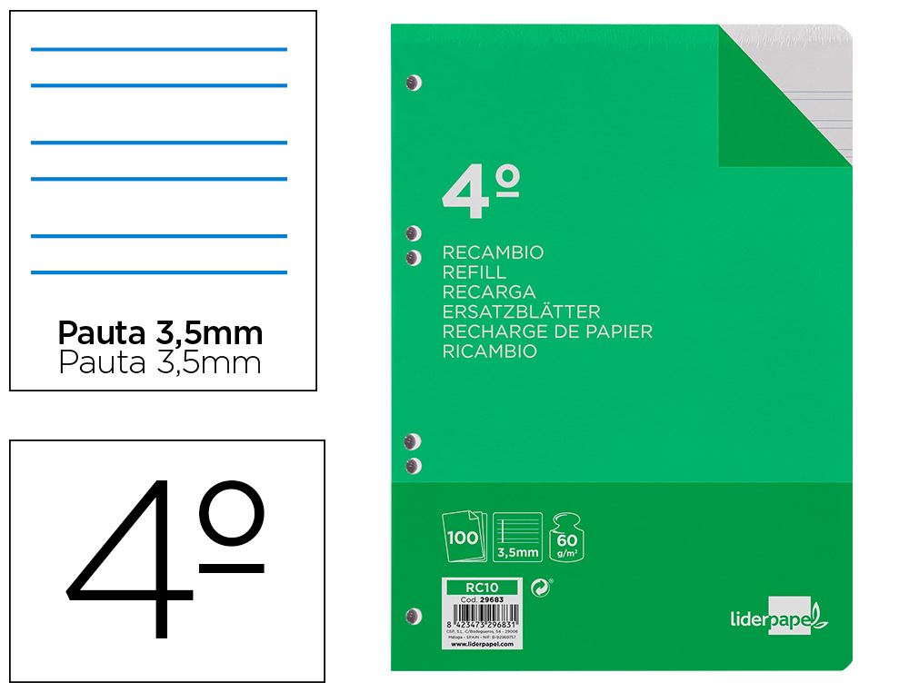 RECAMBIO LIDERPAPEL CUARTO 100 HOJAS 60G/M2 PAUTA 4ª 3.5MM CON MARGEN 6 TALADROS