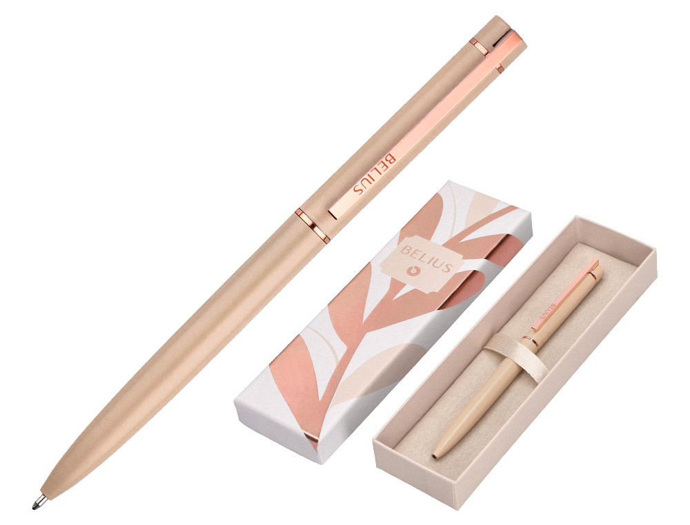 BOLIGRAFO BELIUS ROSE ALUMINIO COLOR BEIGE CLARO ORO ROSA TINTA AZUL CAJA DE DISEÑO