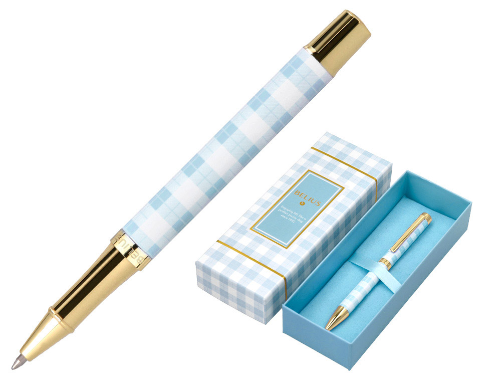 BOLIGRAFO BELIUS PERFECT PICNIC DAY ALUMINIO COLOR AZUL CELESTE DORADO TINTA AZULCAJA DE DISEÑO