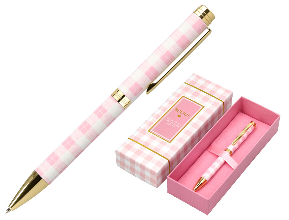 BOLIGRAFO BELIUS PICNIC ALUMINIO COLOR ROSA DORADO TINTA COLOR AZUL CAJA DE DISEÑO