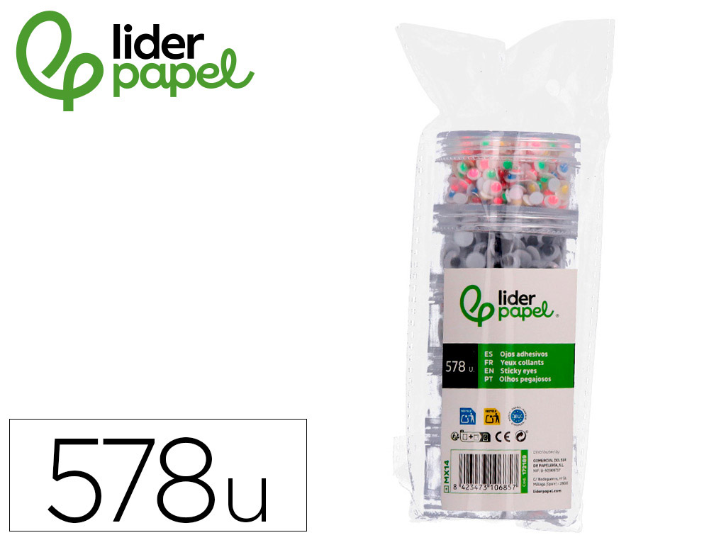 OJO ADHESIVO LIDERPAPEL TAMAÑOS Y COLORES SURTIDOS 5 BOTES ADAPTABLES CON 578 UNIDADES