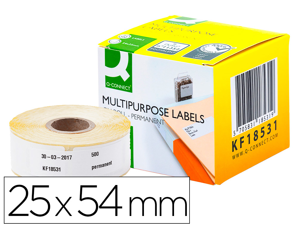 ETIQUETA ADHESIVA PERMANENTE Q-CONNECT KF18531 COMPATIBLE DYMO 11352 TAMAÑO 54X25 MM CAJA CON 500 ETIQUETAS